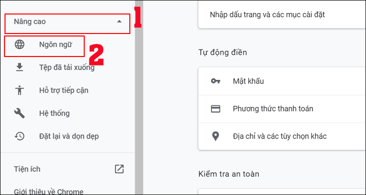 Nhấn vào mục Nâng cao => Chọn Ngôn ngữ